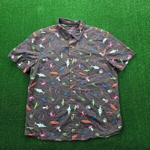 American Eagle Shirt Mens Large Black Button Up Classic‎ Hawaiian Tropical AOP